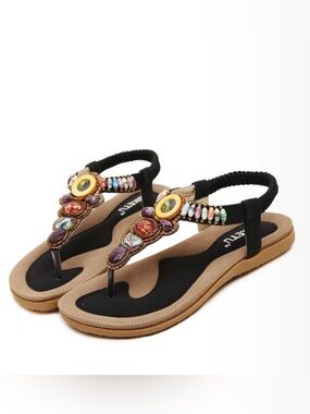 Siketu Marble Beaded Black T-Strap Sandals